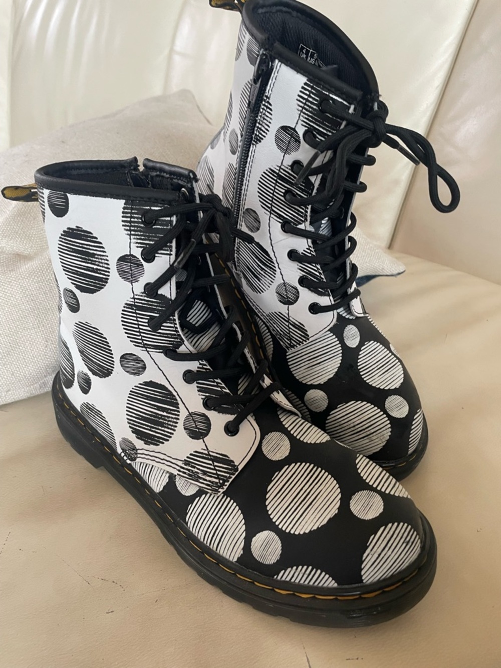 Dr. Martens Black & White Striped Polka Dot Lace-Up Boots - Picture 2 of 14